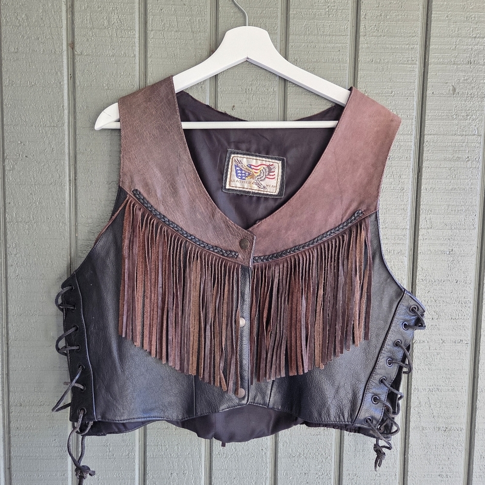 Vintage western biker Fringed Leather Vest with Lace-Up Sides L/XL - Picture 5 of 6